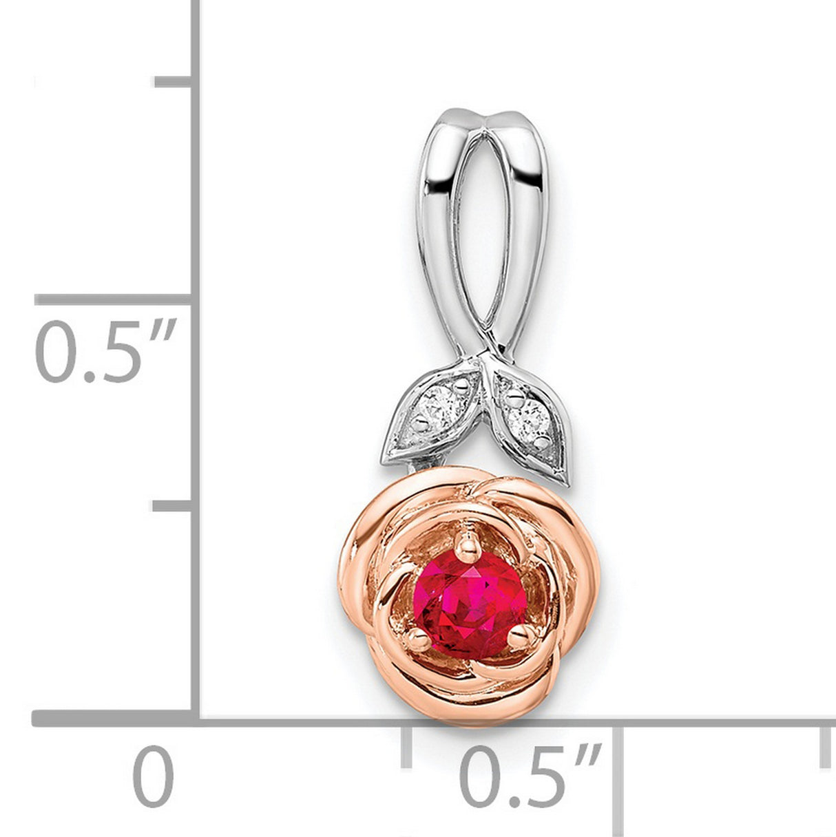 14k Two-Tone Gold Rose Flower Pendant with Ruby and Diamond Leaf Accent