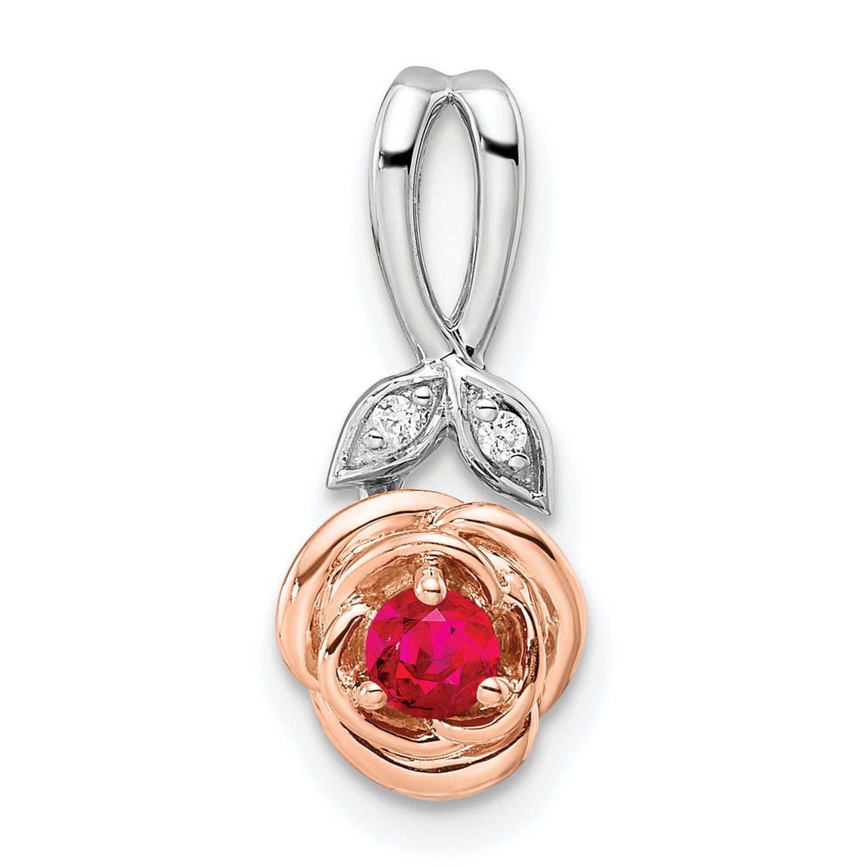 14k Two-Tone Gold Rose Flower Pendant with Ruby and Diamond Leaf Accent