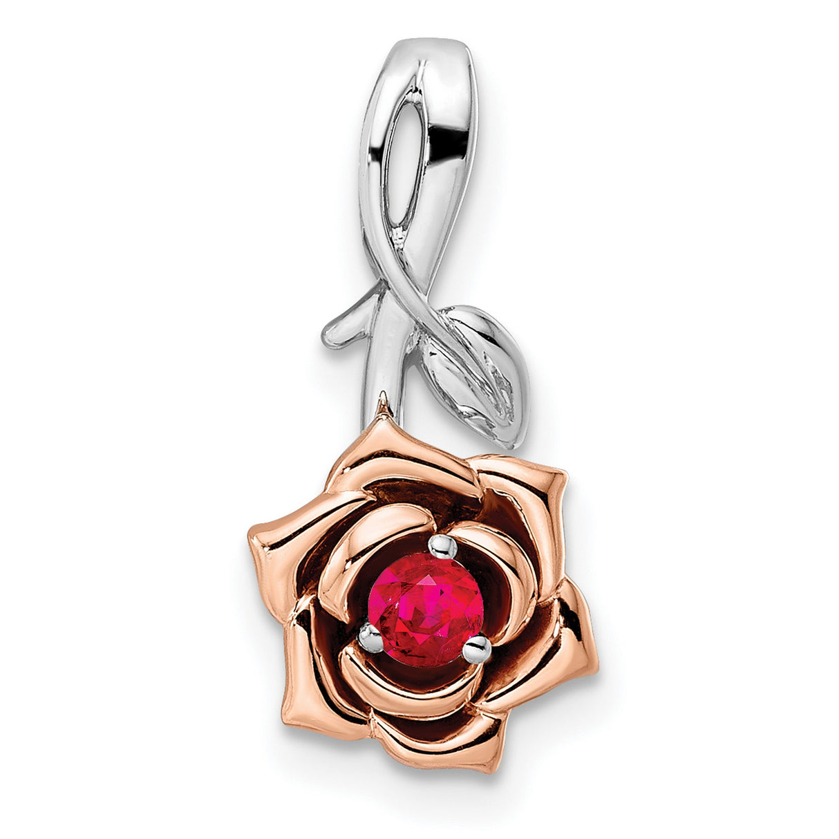 14k Two-Tone Gold Rose Pendant with Ruby Center, Floral Design Pendant for Women