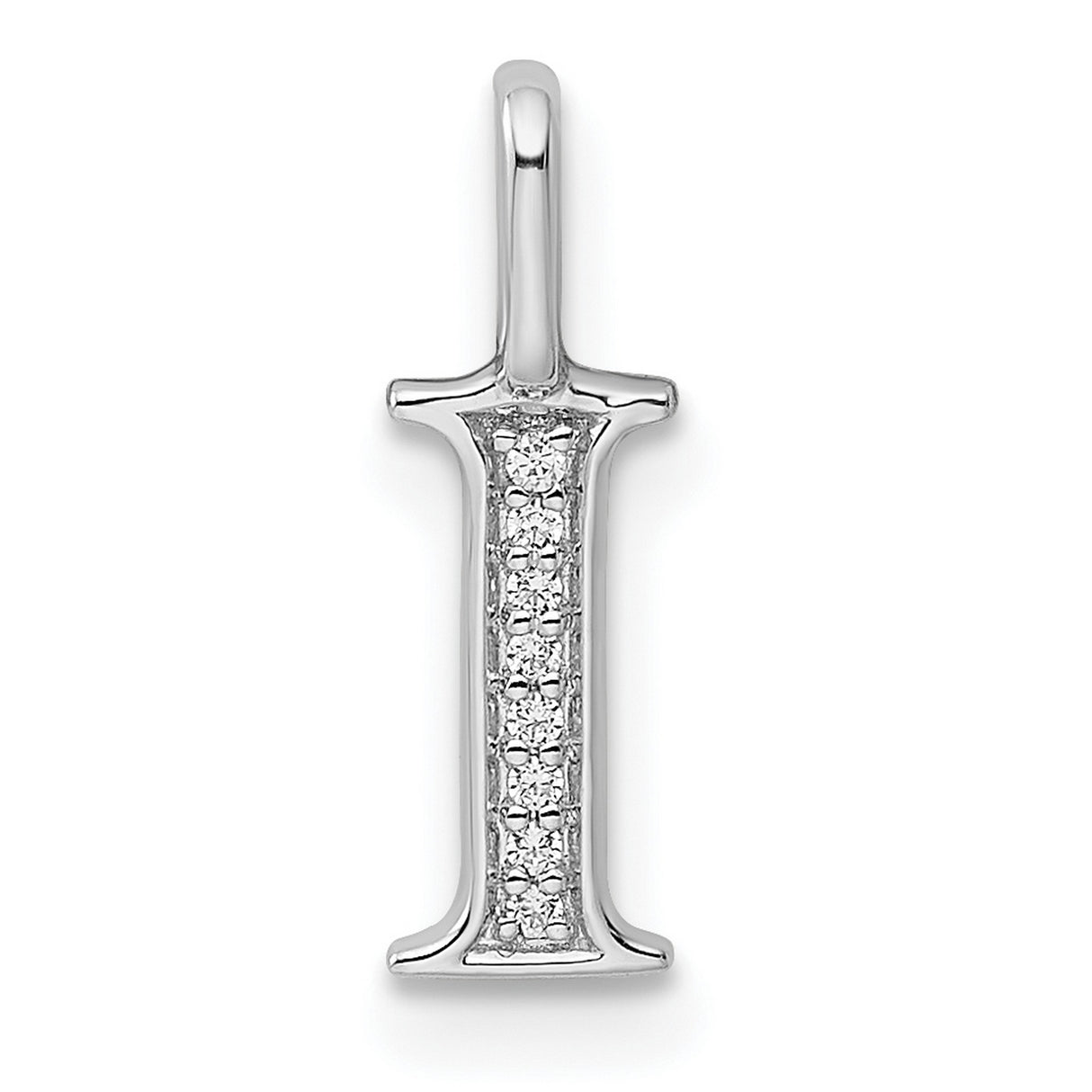 14k White Gold Diamond Initial Pendant, Letter I Monogram Charm, High Polish Finish