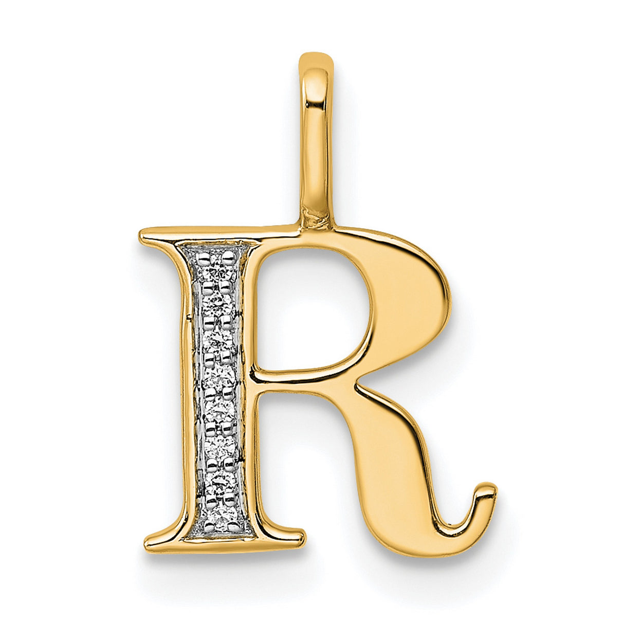 10k Yellow Gold Letter R Pendant Charm with Diamond Accent, Classic Serif Font
