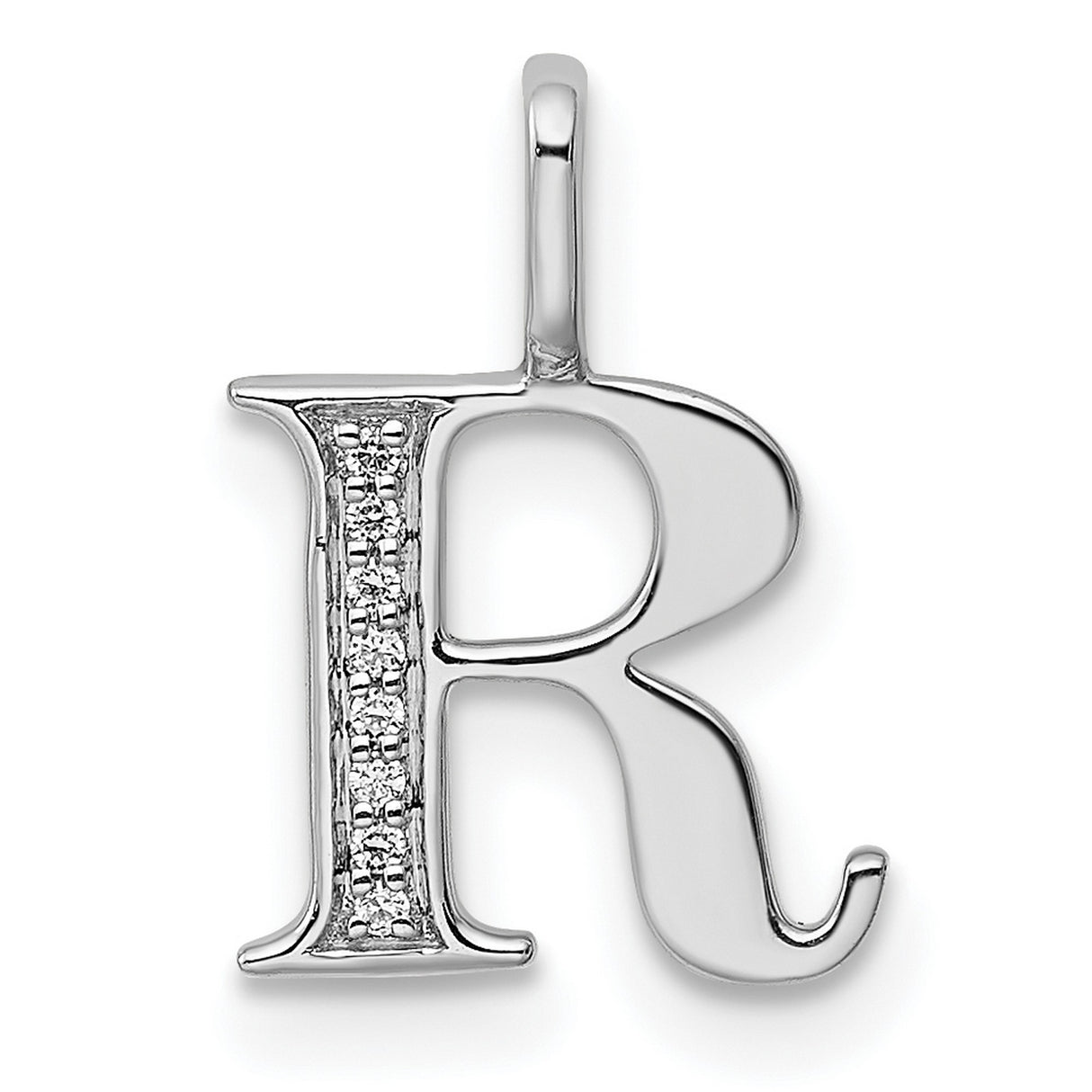 14k White Gold Letter R Pendant with Diamond Accents, Polished Vertical Stem Charm
