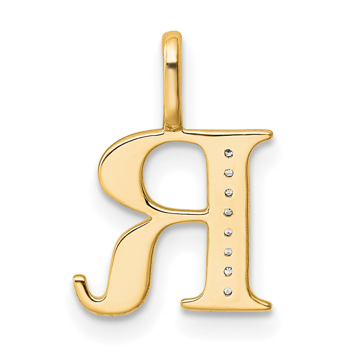 14k Yellow Gold Initial R Pendant with Diamond Accented Vertical Bar, Polished Block Letter Charm