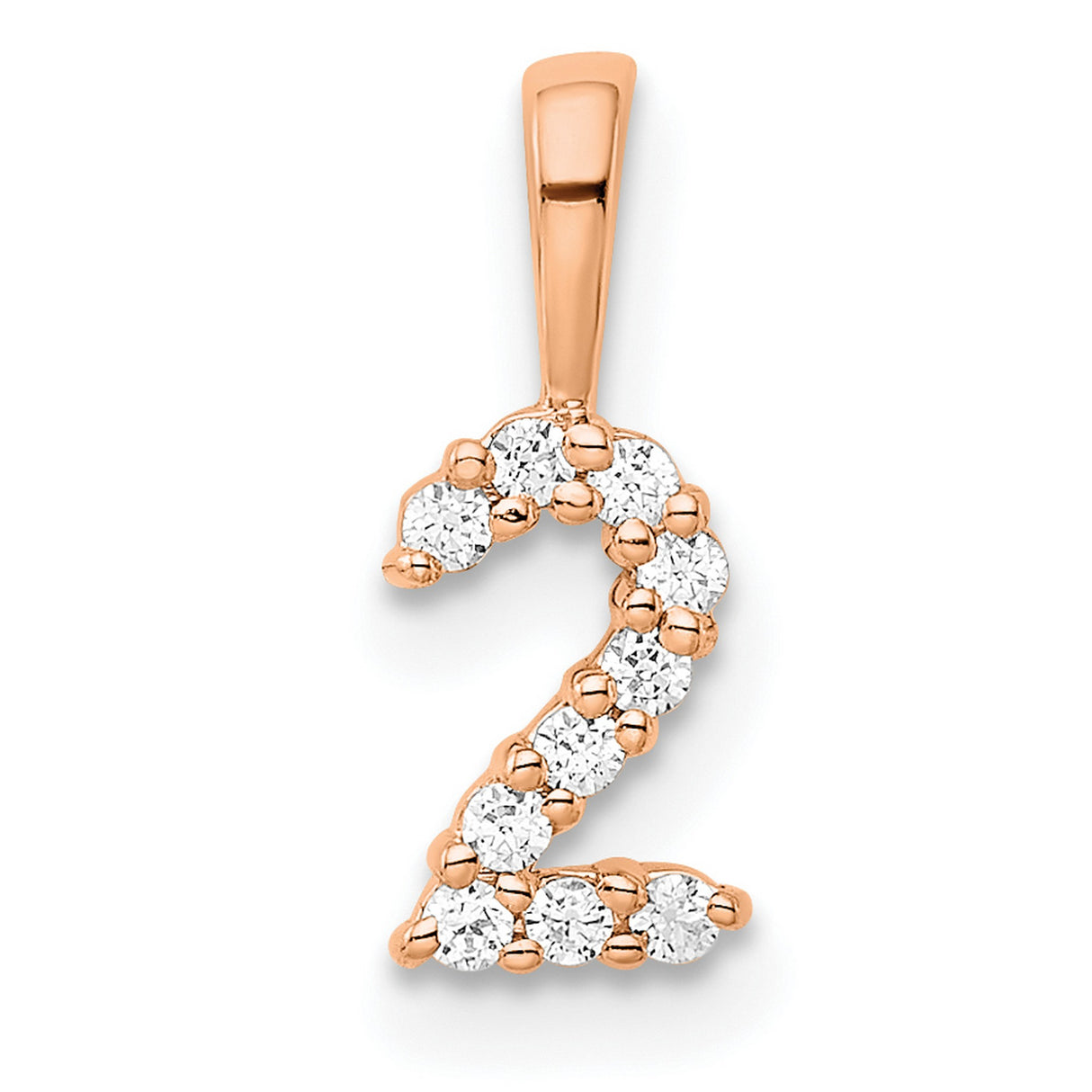 14k Rose Gold Number 2 Pendant with Pavé Diamond Accents, Minimalist Charm for Women