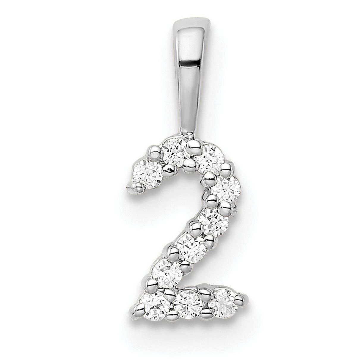 14k White Gold Number 2 Pendant with Round Cut Diamonds, Modern Numeric Charm