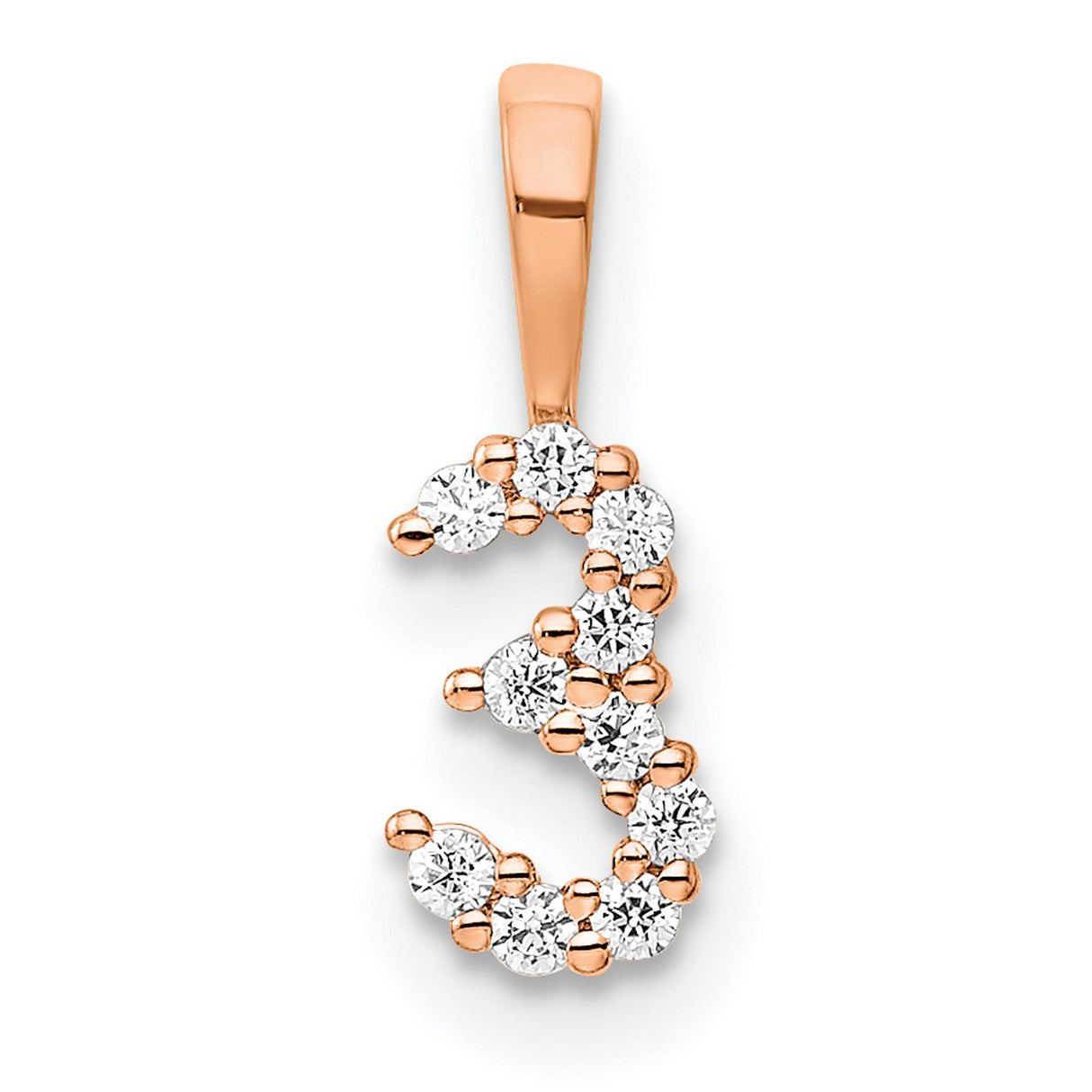 14k Rose Gold Number 3 Pendant with Round White Diamonds, Prong Set, Symbolic Charm for Women