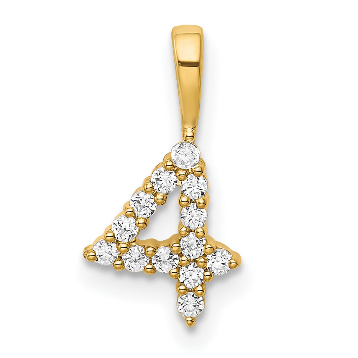 14k Yellow Gold Number 4 Pendant with Prong Set Round Cut White Stones, Polished Numeral Charm