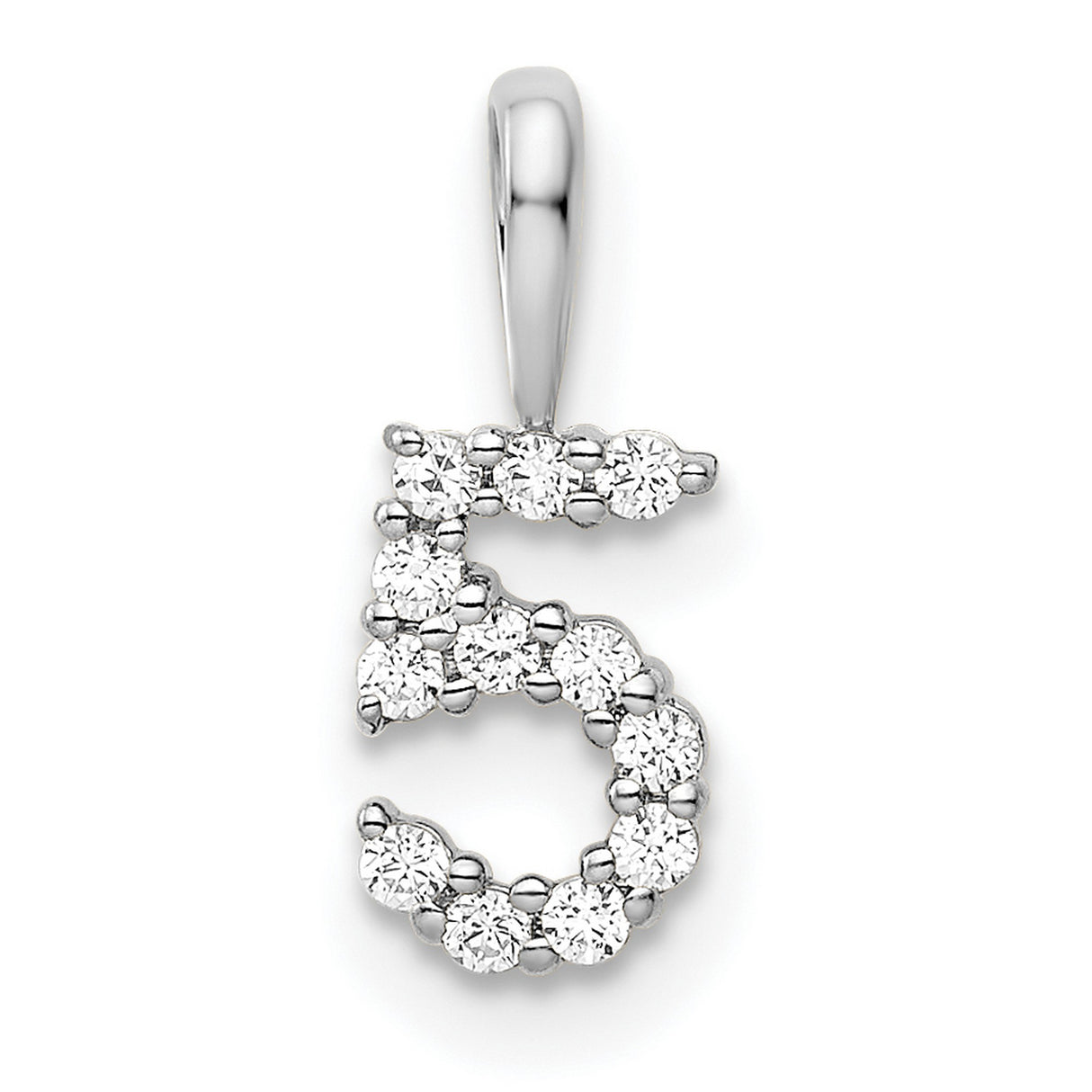 14k White Gold Number 5 Pendant with Round Cut Diamonds, Prong Set Lucky Numerology Charm