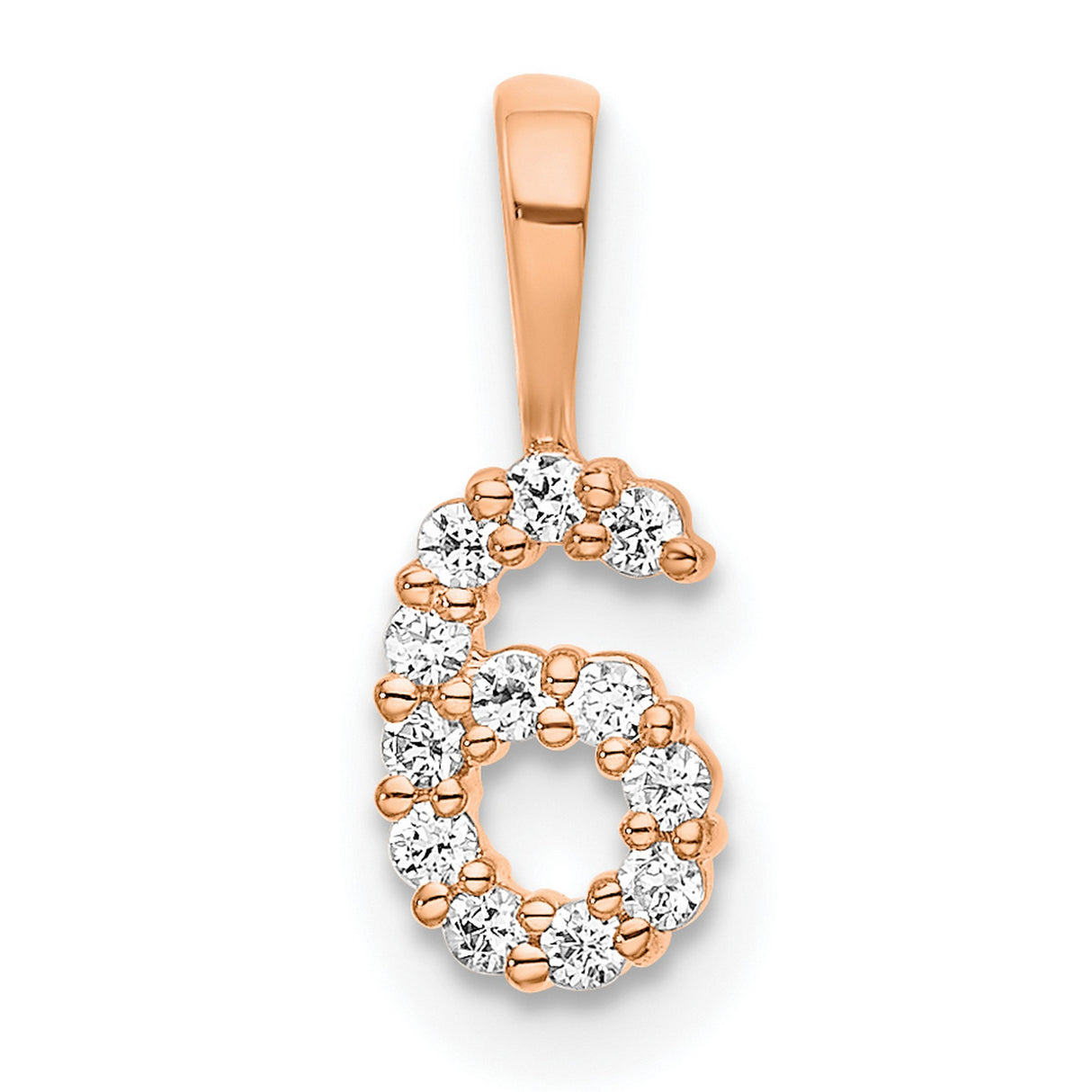 14k Rose Gold Number 6 Pendant with Round Cut Diamonds in Pave Setting