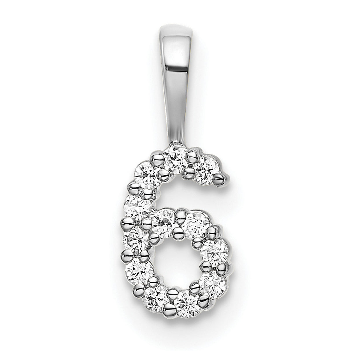 14k White Gold Number 6 Pendant with Round Diamonds, Sleek Bail, Unisex Charm