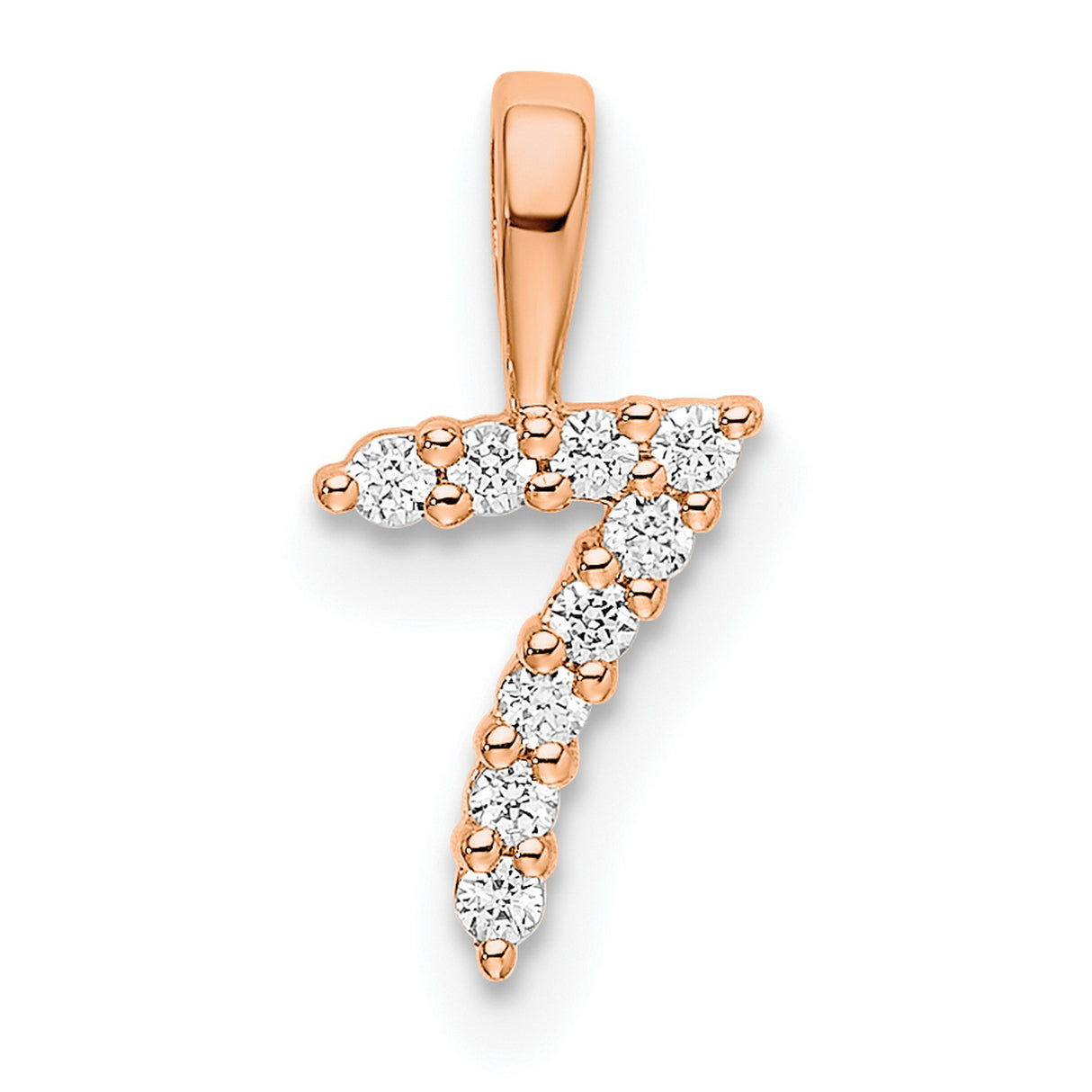 14k Rose Gold Number 7 Pendant with Round White Diamonds, Spiritual Numeric Charm for Women