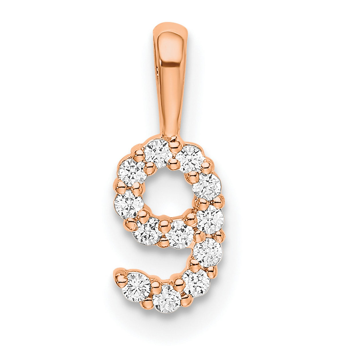 14k Rose Gold Number 9 Pendant with Prong Set Diamonds, Minimalist Numeric Charm