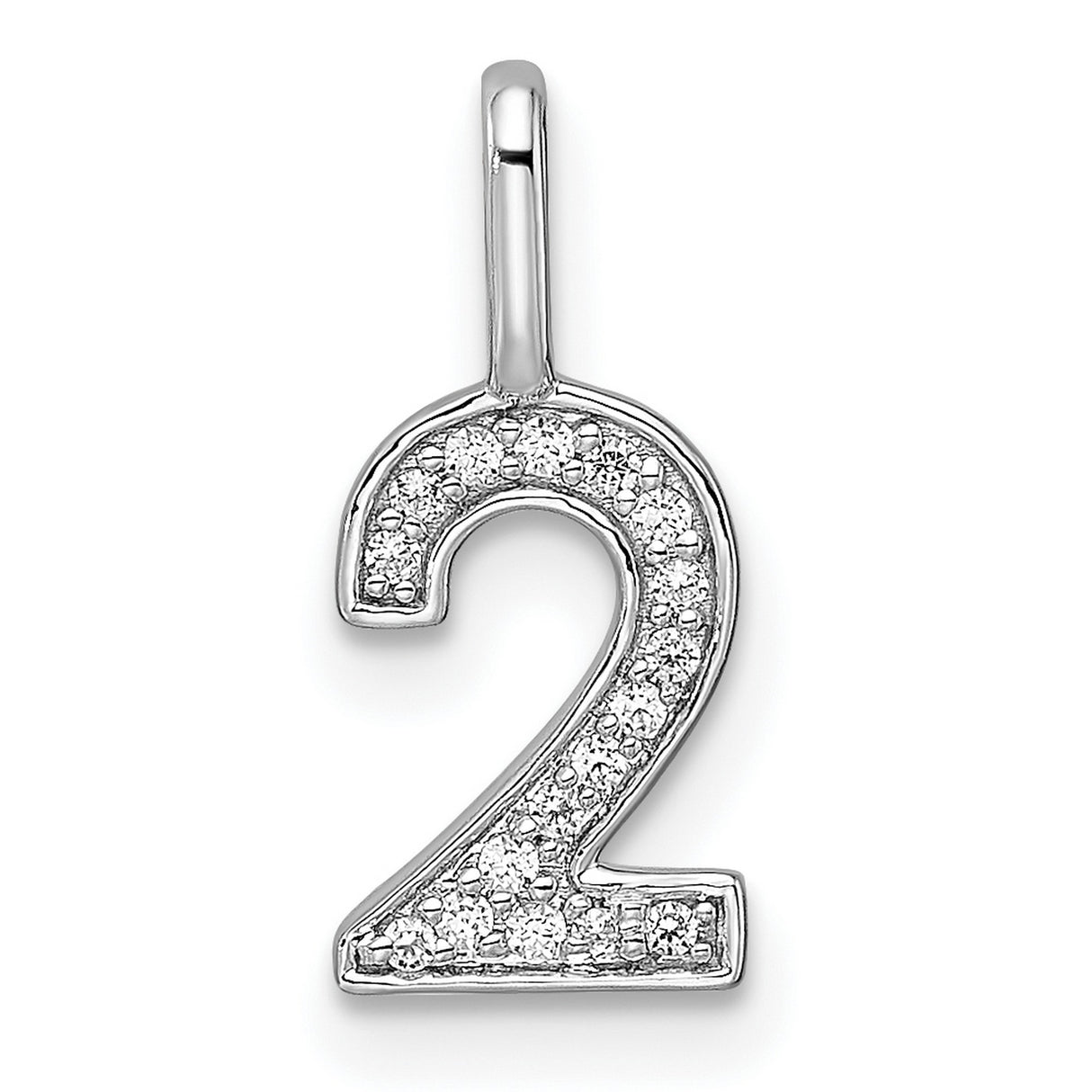14k White Gold Number 2 Pendant with Pavé Cubic Zirconia, Unisex Sports Charm