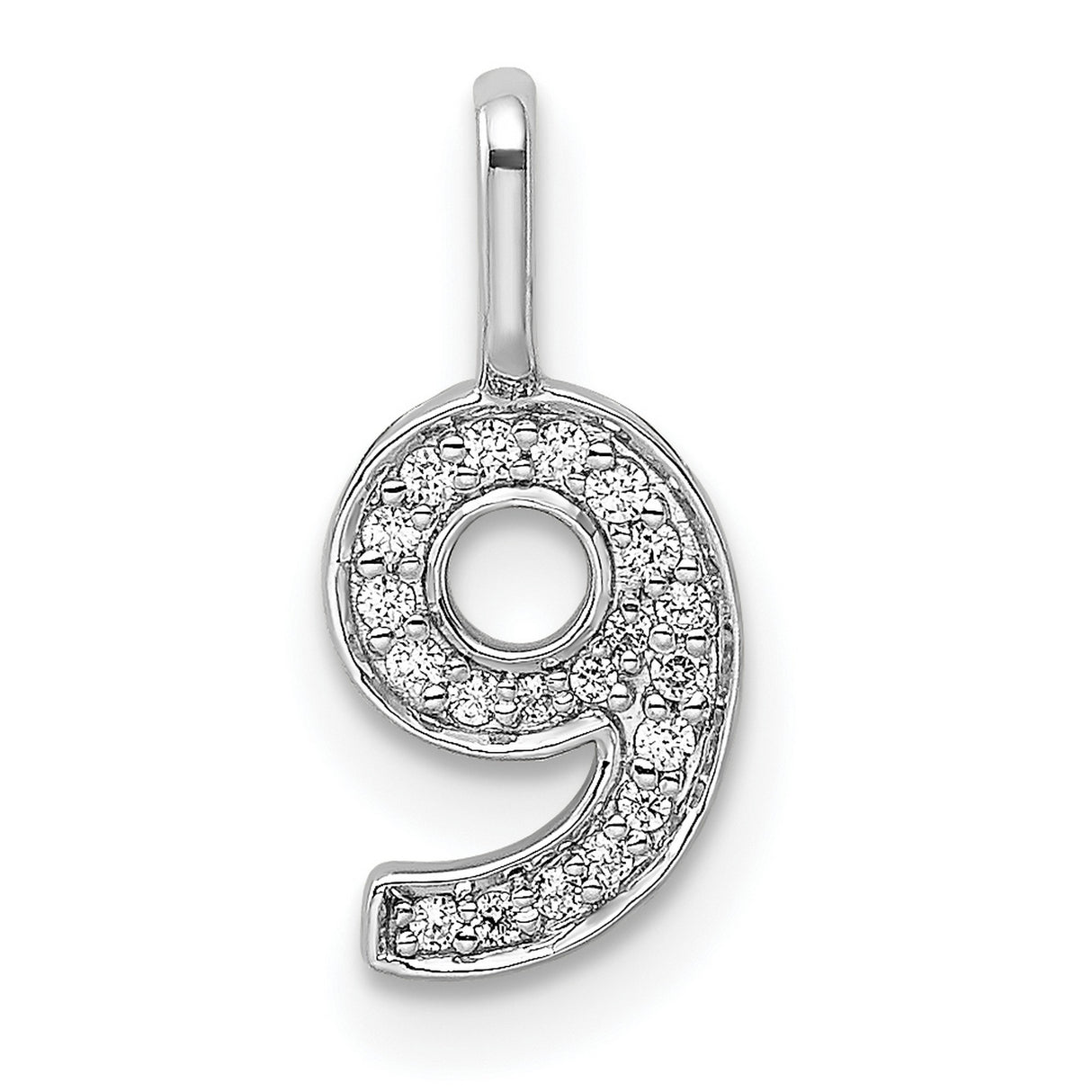 14k White Gold Number 9 Pendant Charm with Diamond Accents, Pavé Set, Unisex Jewelry