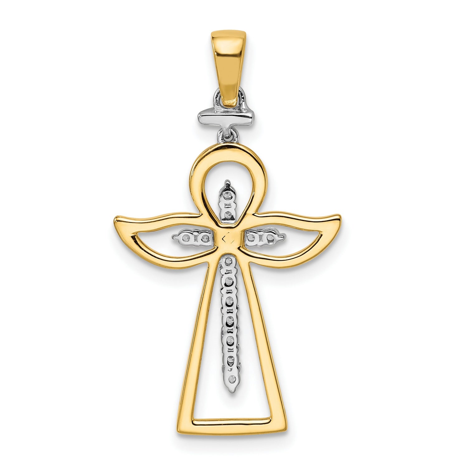 14k Two-Tone Gold Diamond Cross Pendant with Angel Wings and Halo Design