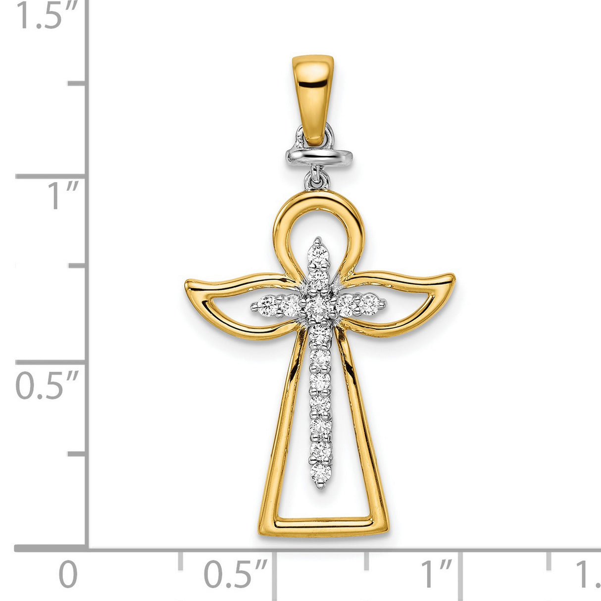 14k Two-Tone Gold Diamond Cross Pendant with Angel Wings and Halo Design