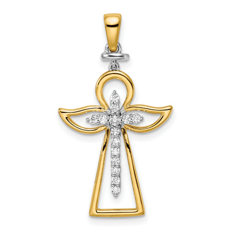 14k Two-Tone Gold Diamond Cross Pendant with Angel Wings and Halo Design