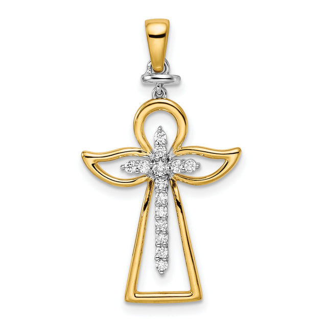 14k Two-Tone Gold Diamond Cross Pendant with Angel Wings and Halo Design