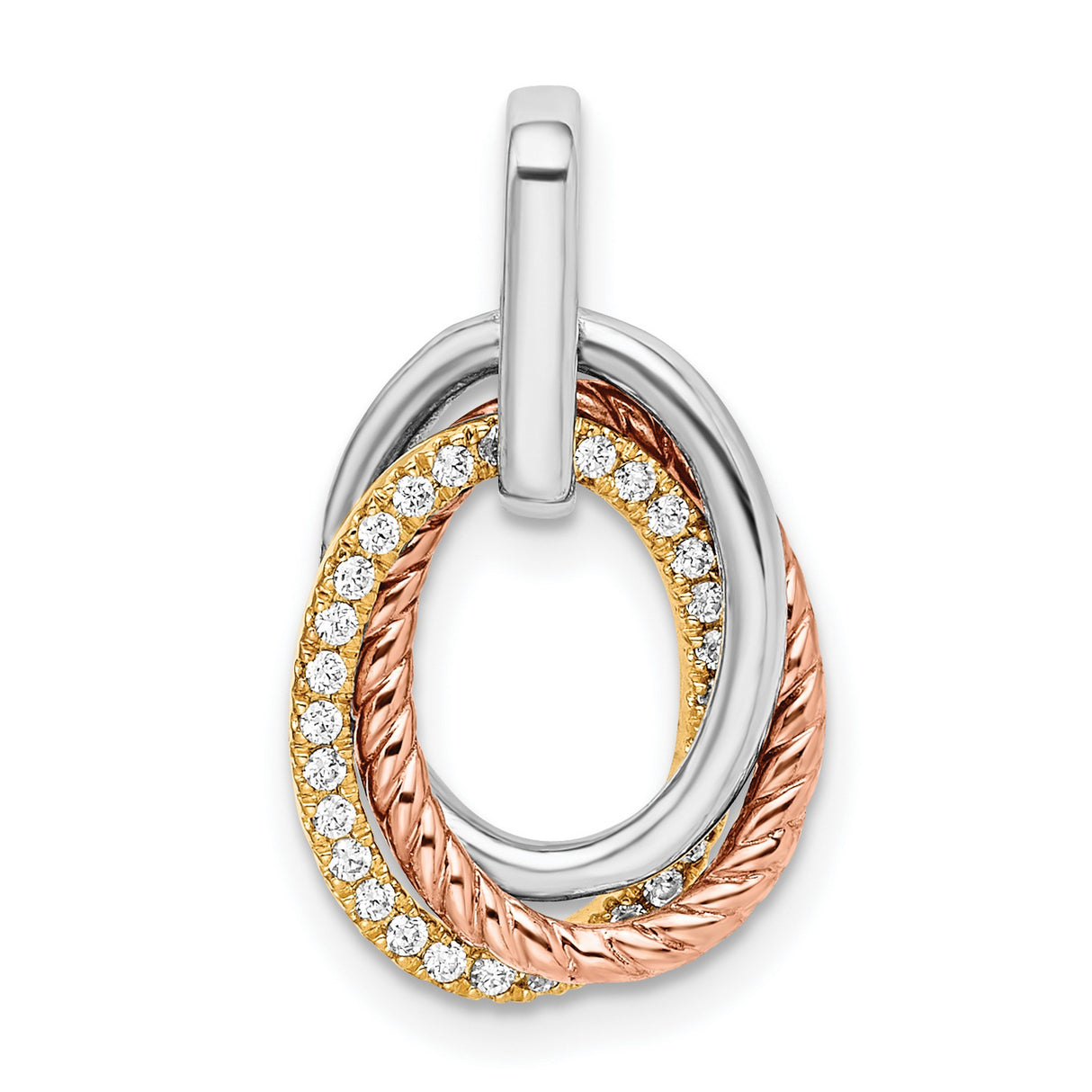14k Tri-Color Gold Oval Pendant with Diamond Accent, Intertwined Loop Design