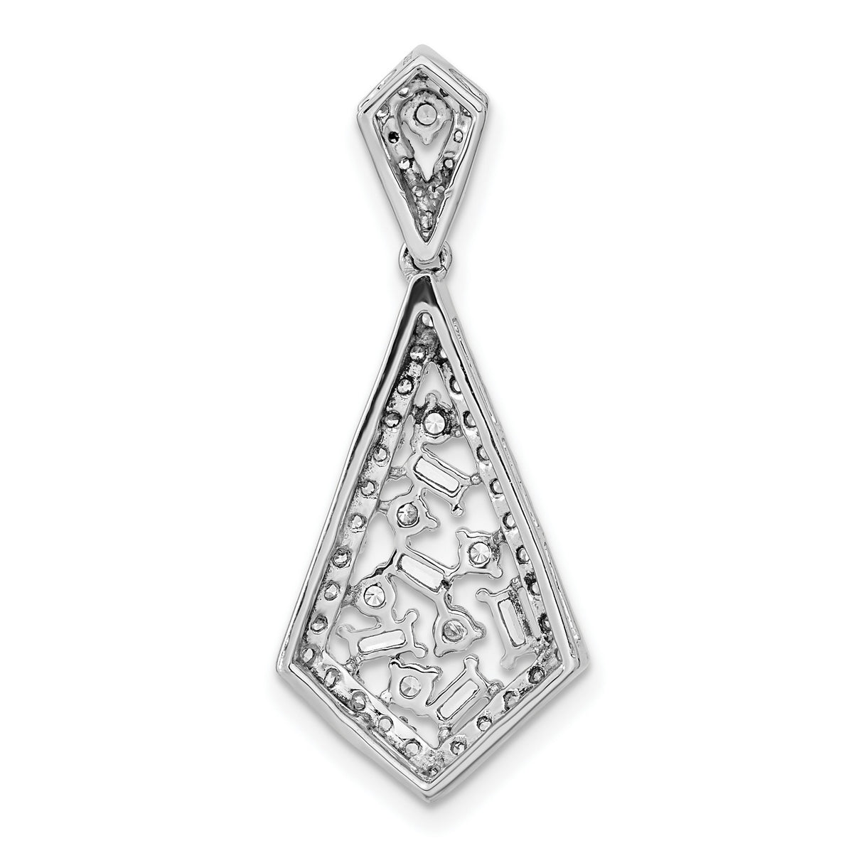 14k White Gold Diamond Pendant with Round, Baguette, and Heart-Cut Stones, Geometric Kite Design