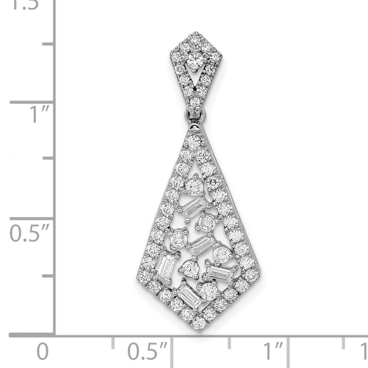 14k White Gold Diamond Pendant with Round, Baguette, and Heart-Cut Stones, Geometric Kite Design