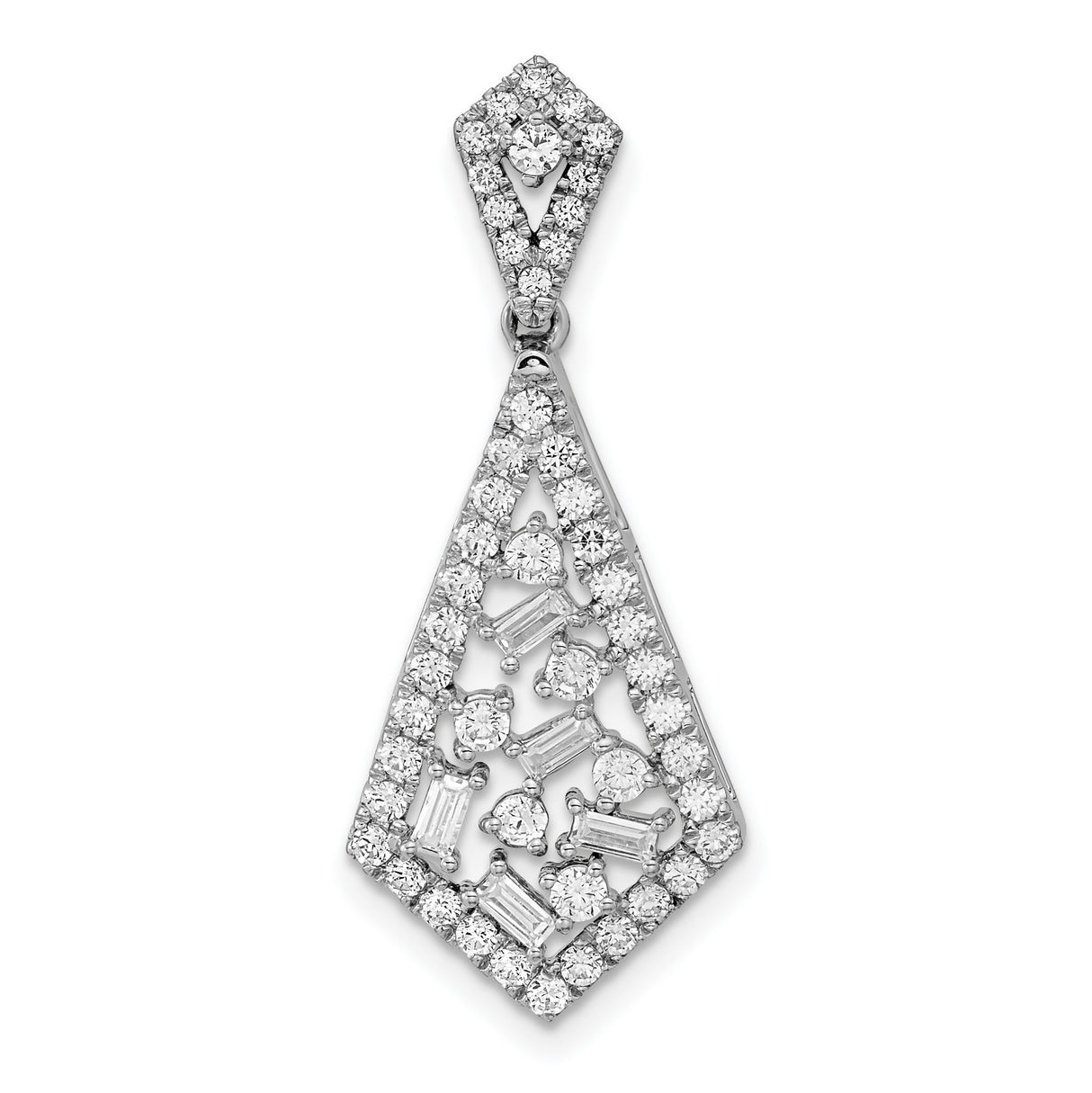 14k White Gold Diamond Pendant with Round, Baguette, and Heart-Cut Stones, Geometric Kite Design