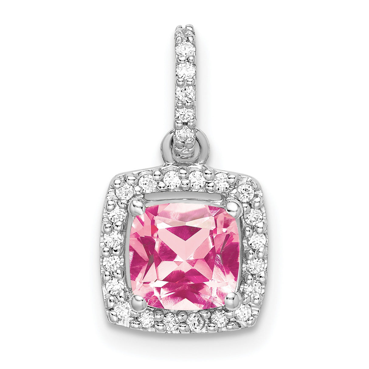 14k White Gold Pendant with Cushion Cut Pink Tourmaline and Diamond Halo