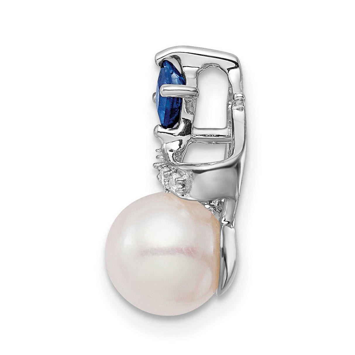 14k White Gold Pendant with Cultured Pearl, Blue Sapphire, Diamond Accents, Crisscross Design