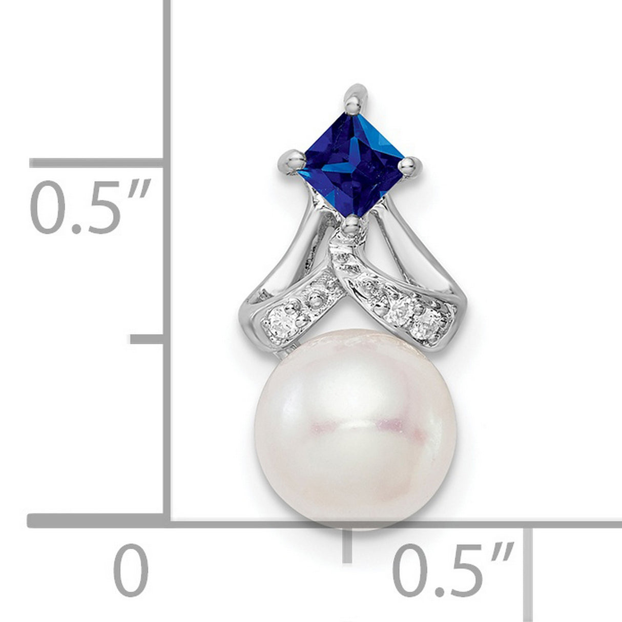 14k White Gold Pendant with Cultured Pearl, Blue Sapphire, Diamond Accents, Crisscross Design