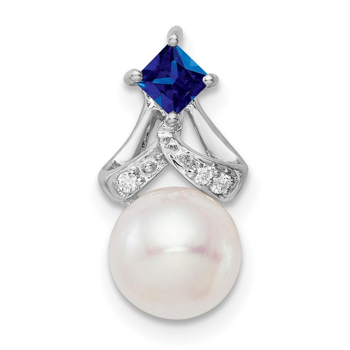 14k White Gold Pendant with Cultured Pearl, Blue Sapphire, Diamond Accents, Crisscross Design