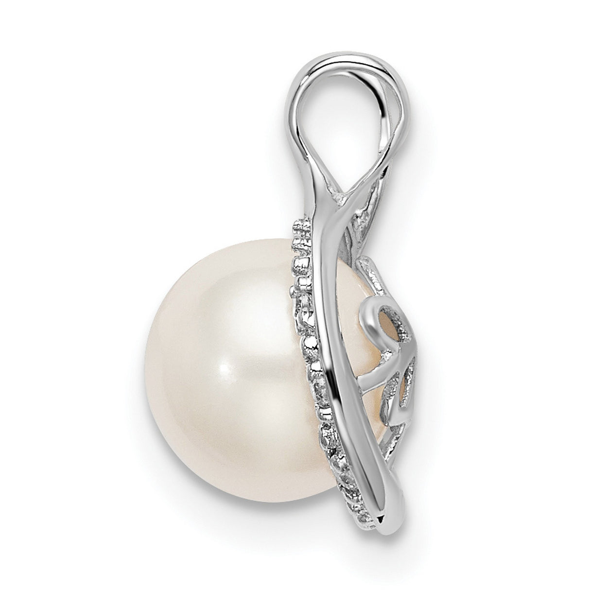 14k White Gold Pendant with Cultured Pearl and Diamond Accents, Horseshoe Design