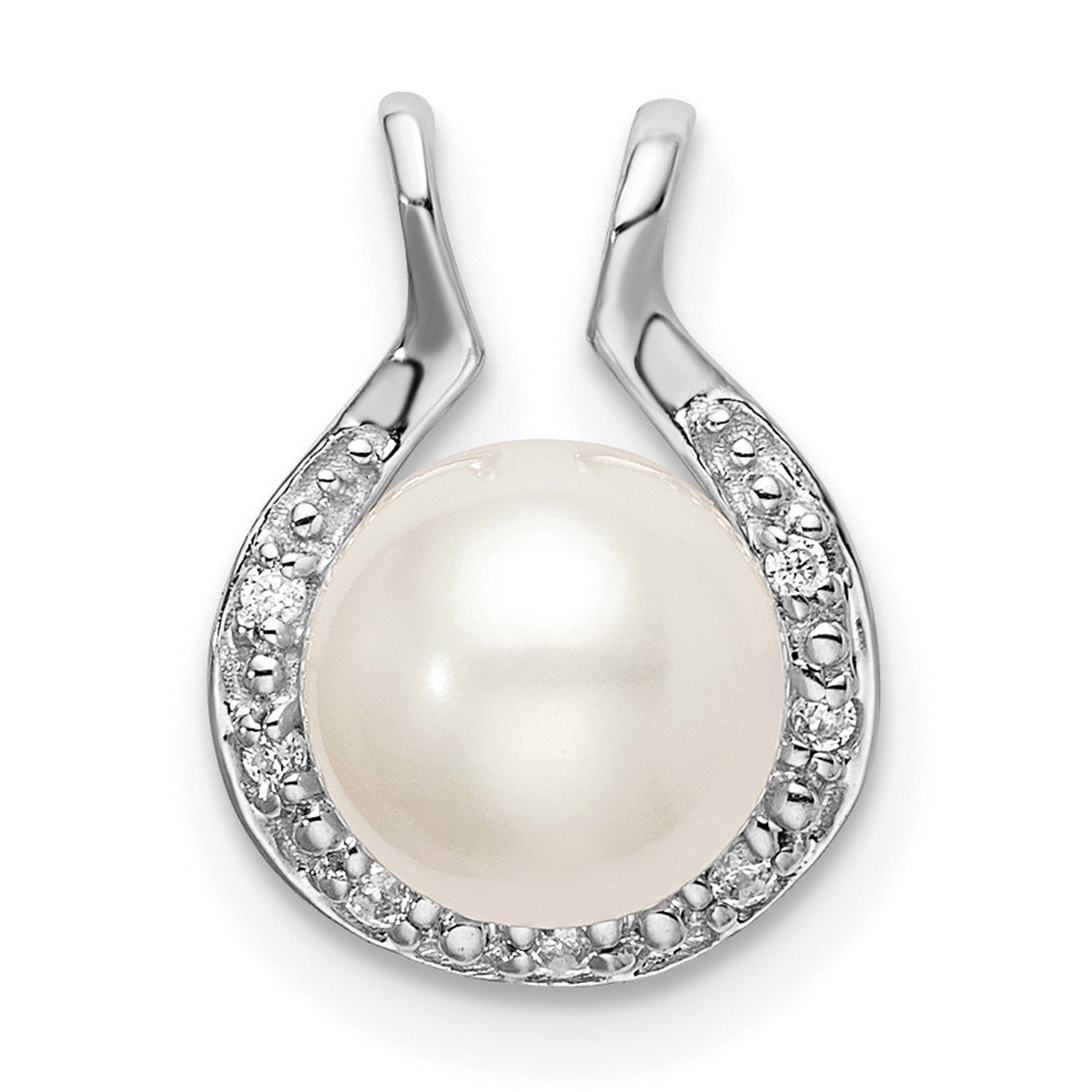 14k White Gold Pendant with Cultured Pearl and Diamond Accents, Horseshoe Design