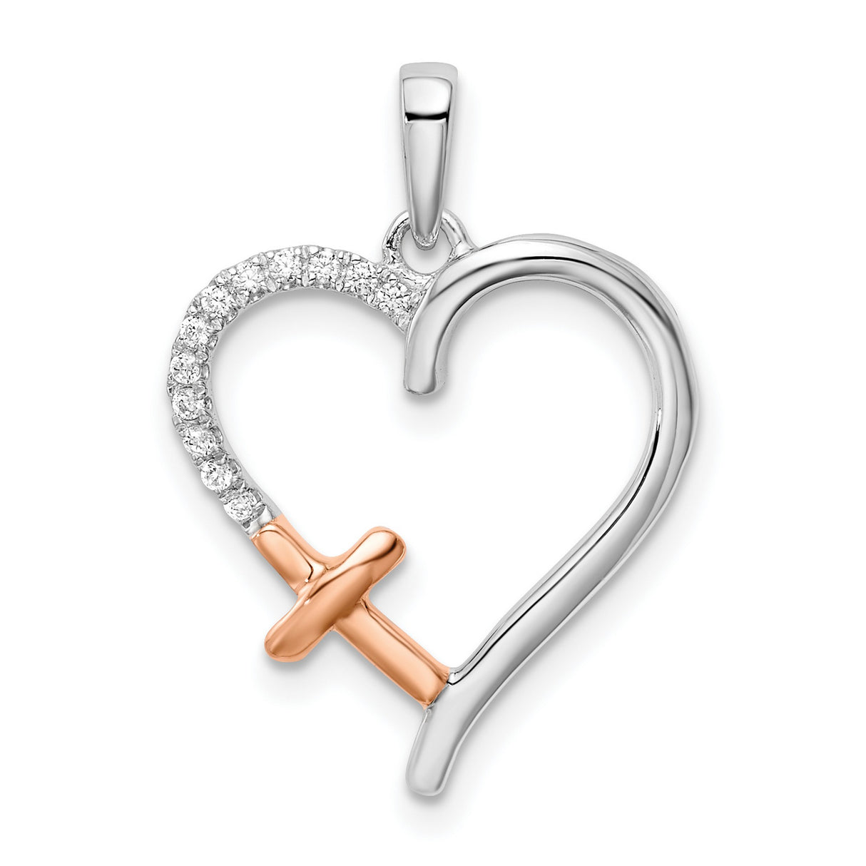 14k Multi-Tone Gold Cross Pendant with Diamond and Heart Accent