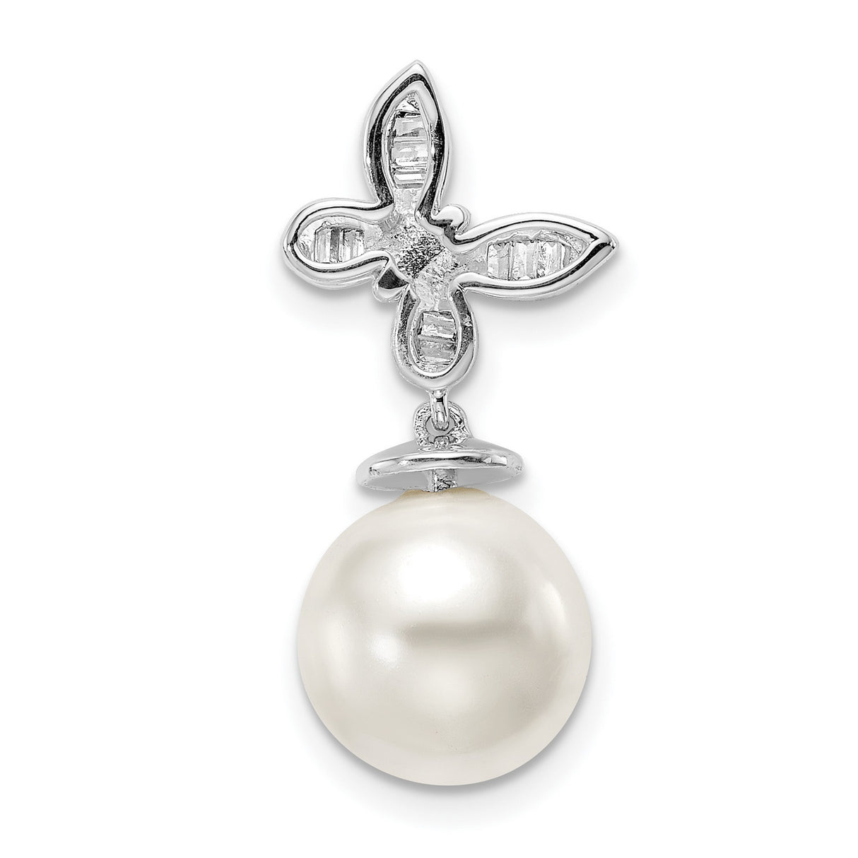 14k White Gold Pendant with Cultured Pearl Drop and Diamond Accent Floral Design
