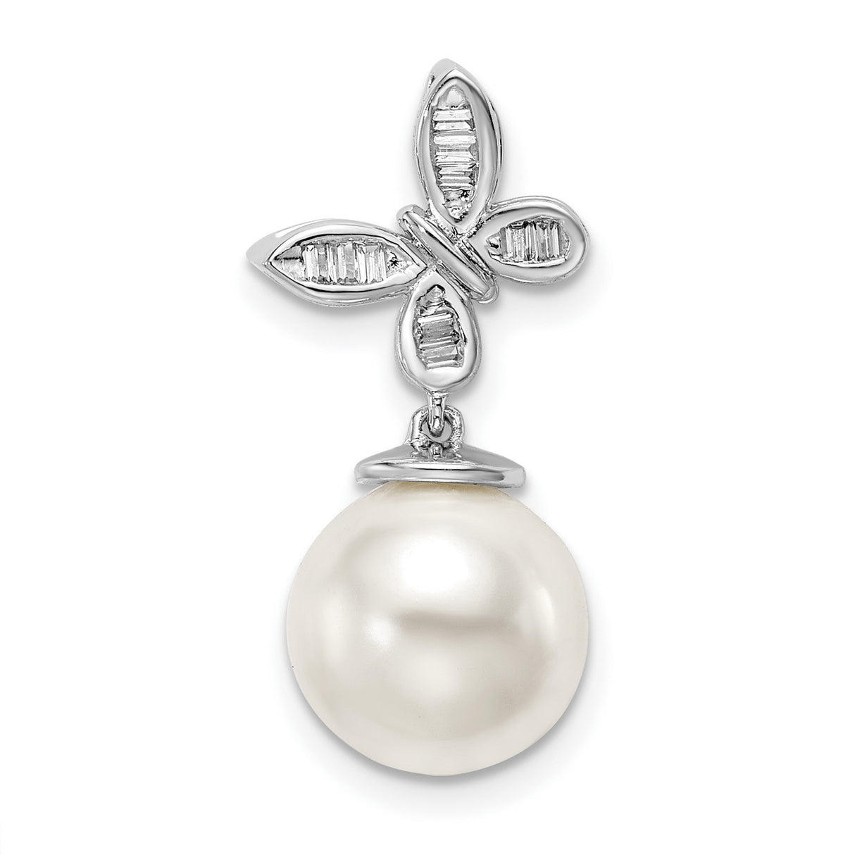 14k White Gold Pendant with Cultured Pearl Drop and Diamond Accent Floral Design