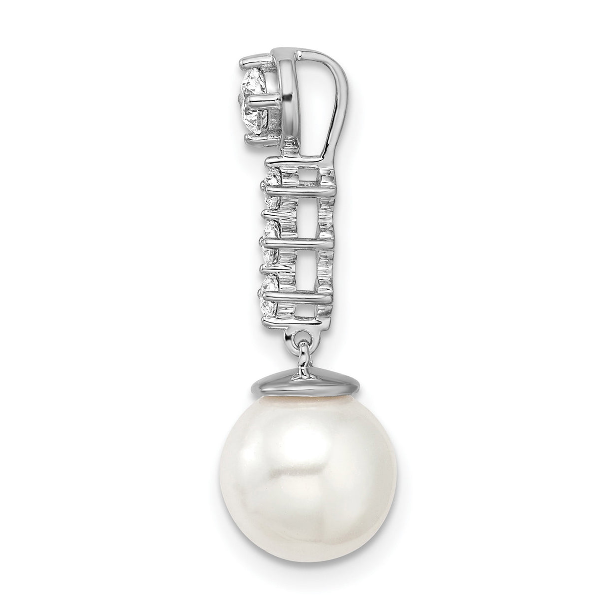 14k White Gold Dangle Earrings with Cultured Pearl and Diamonds, Vertical Drop Design