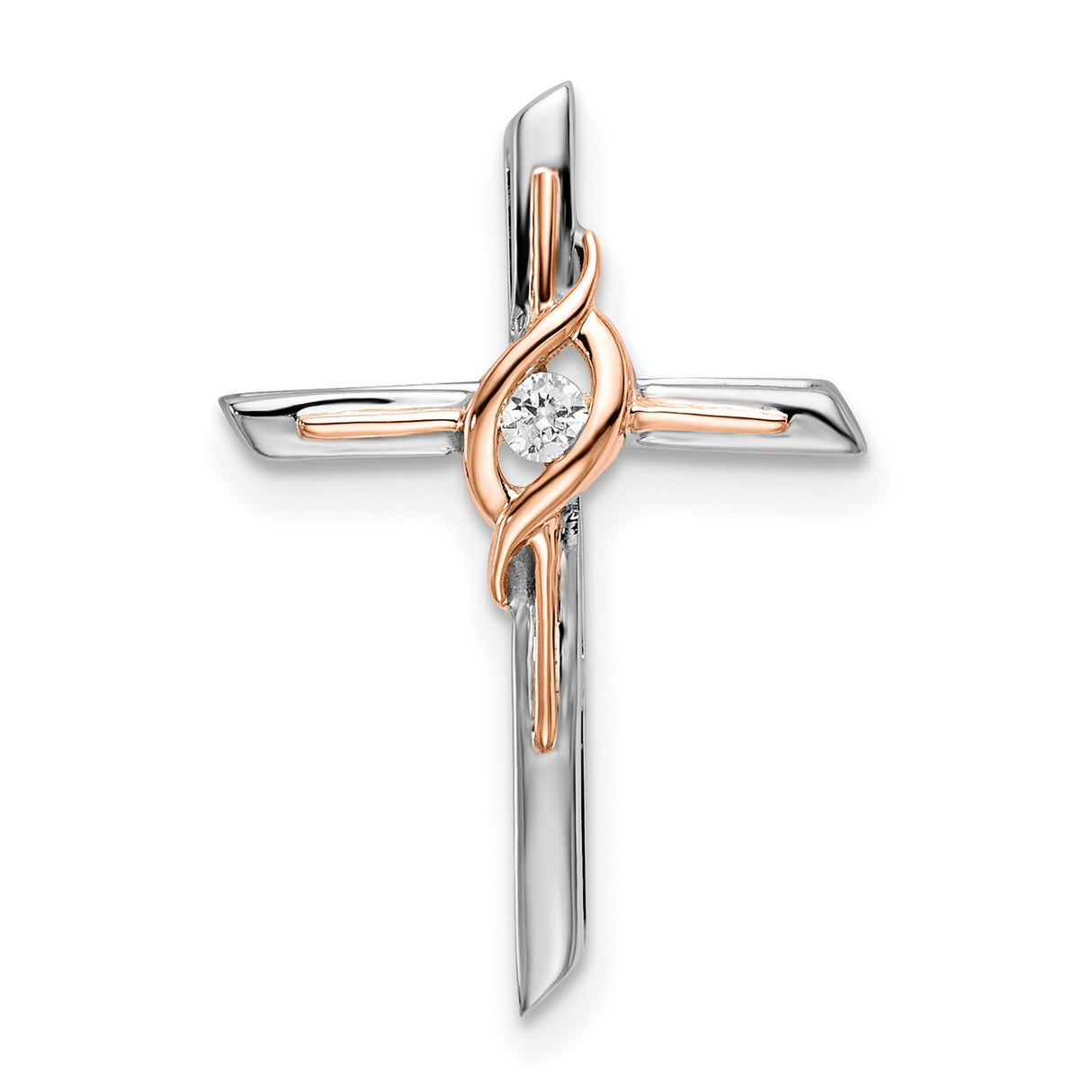 10k Two-Tone Gold Cross Pendant with Beveled Edge and Rose Overlay Religious Design