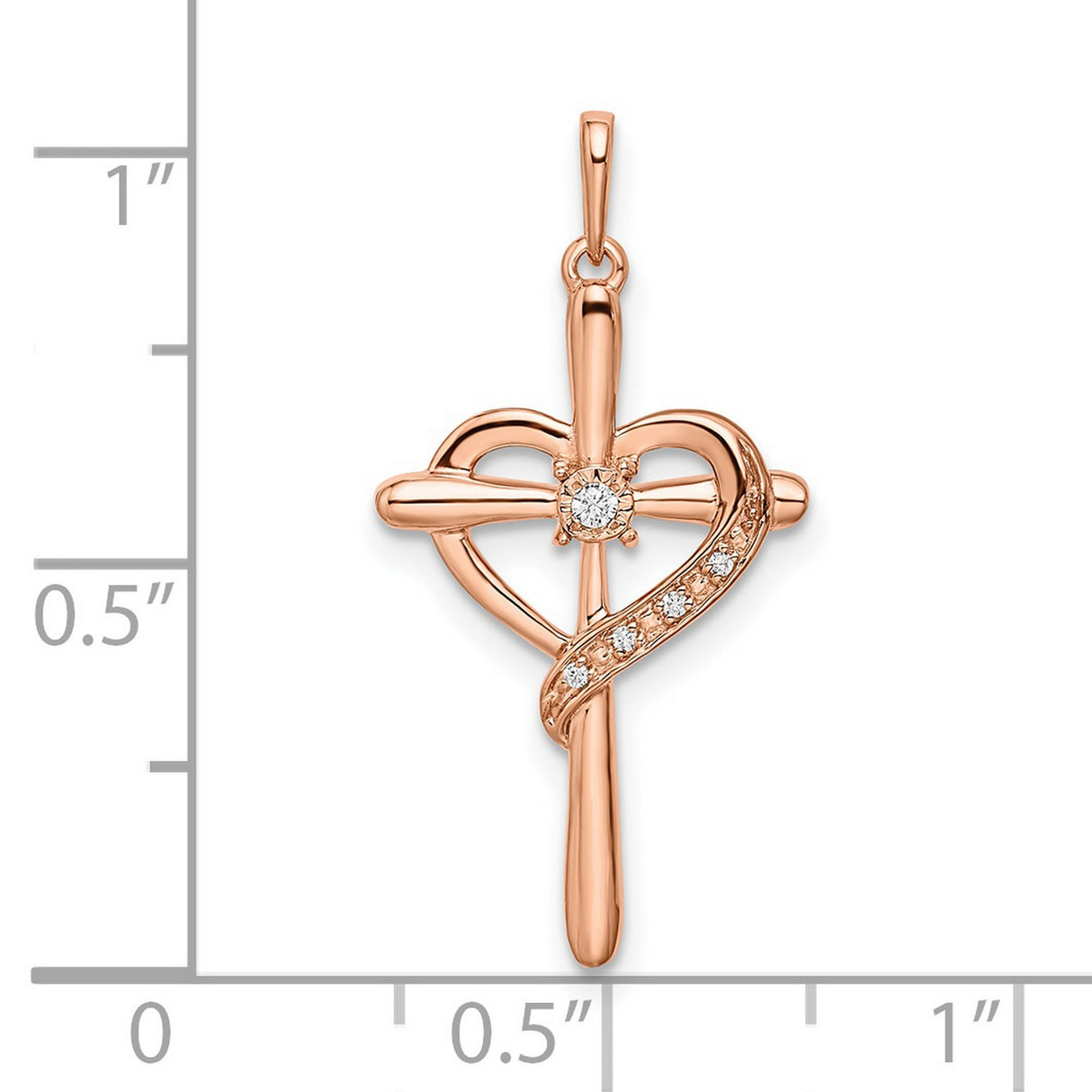 14k Rose Gold Diamond Cross Pendant with Heart Symbol, Religious Spiritual Design