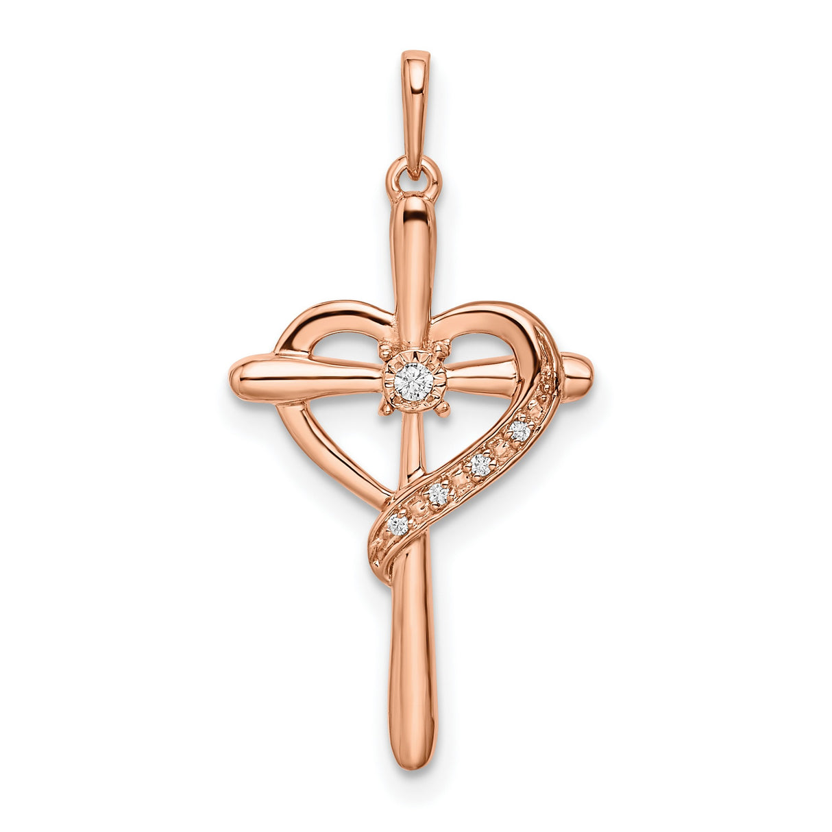 14k Rose Gold Diamond Cross Pendant with Heart Symbol, Religious Spiritual Design