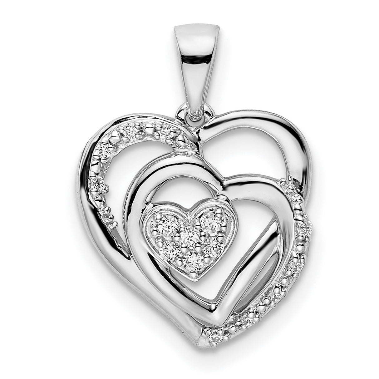 14k White Gold Heart Pendant with Layered Open Hearts and Diamond Accents for Women