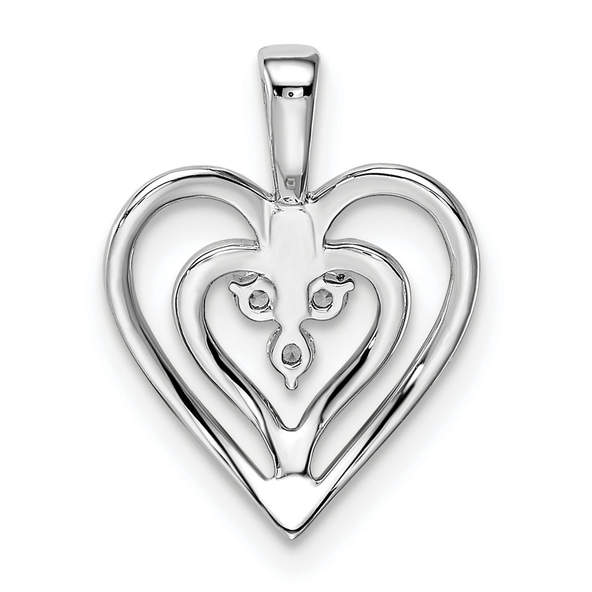 14k White Gold Heart Pendant with Double Open Heart Design and Diamonds Stones