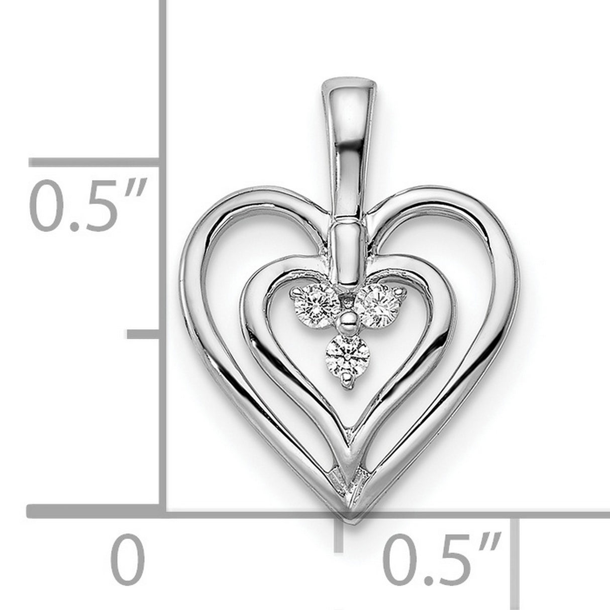 14k White Gold Heart Pendant with Double Open Heart Design and Diamonds Stones