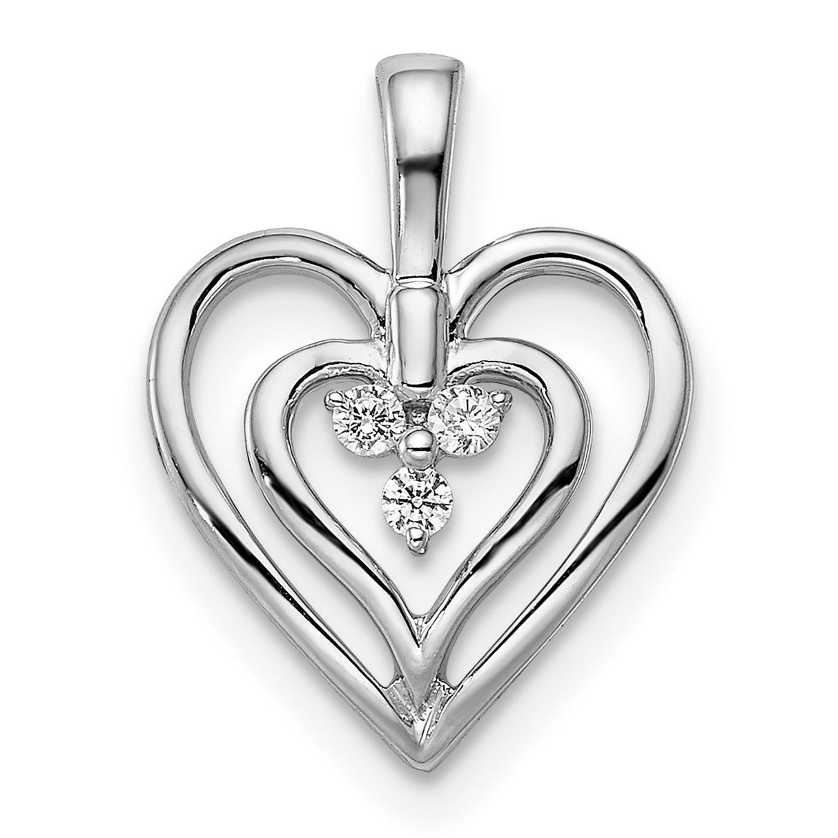 14k White Gold Heart Pendant with Double Open Heart Design and Cubic Zirconia Stones