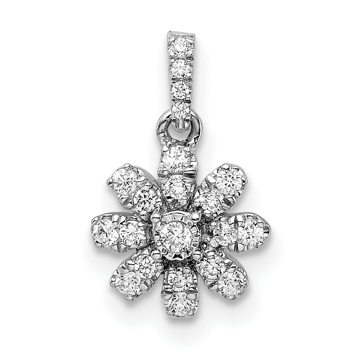 14k White Gold Flower Pendant with Round Cut Diamonds, Daisy-Inspired Floral Design