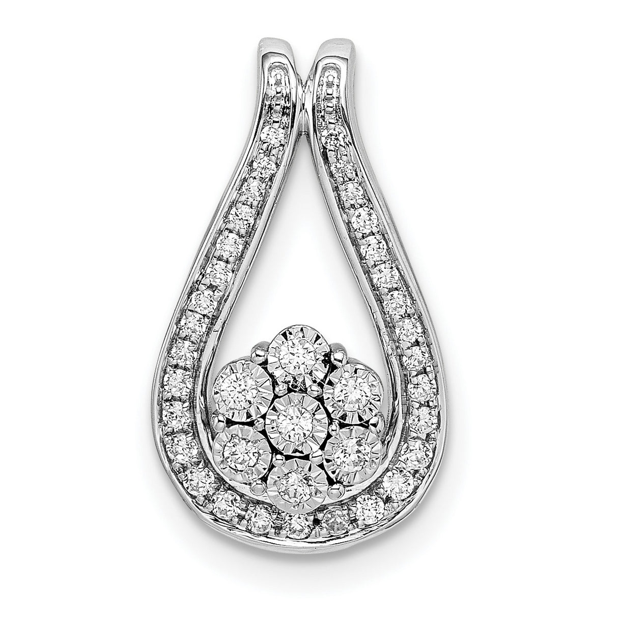 14k White Gold Teardrop Pendant with Diamond Floral Cluster and Pavé Accents for Women