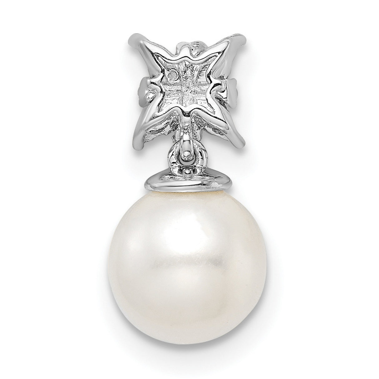14k White Gold Pendant with Diamond Starburst and Round Cultured Pearl, Bridal Jewelry