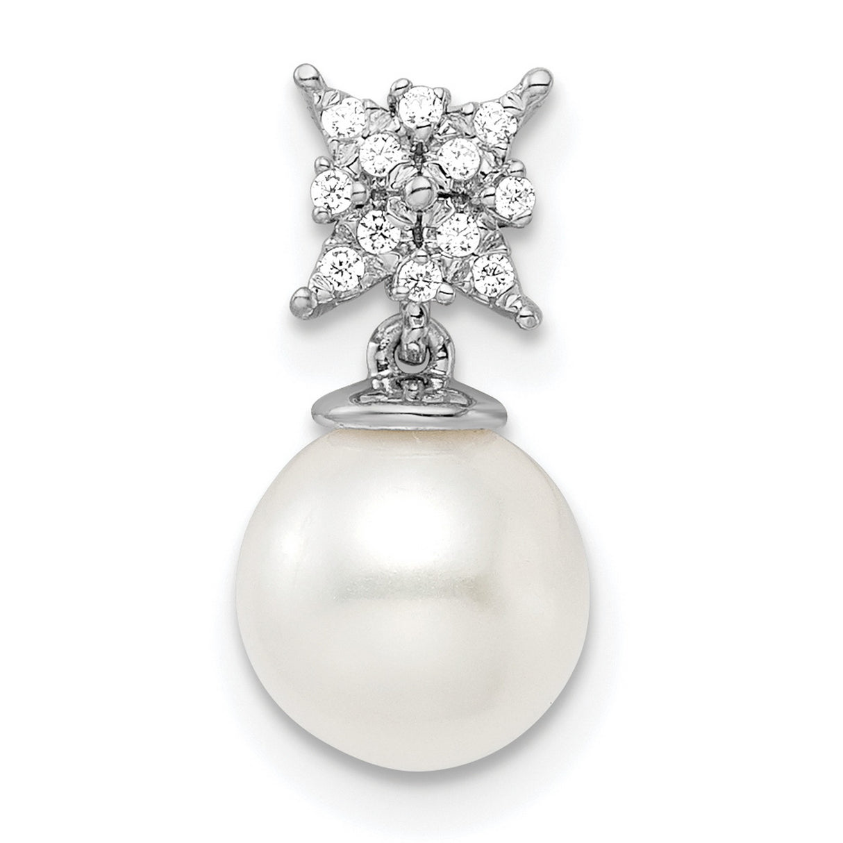 14k White Gold Pendant with Diamond Starburst and Round Cultured Pearl, Bridal Jewelry