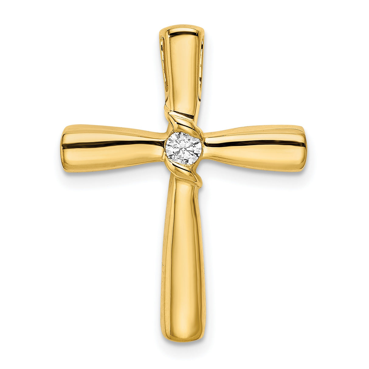 14k Yellow Gold Cross Pendant with Diamond Center, Polished Slide Design for Men and Women
