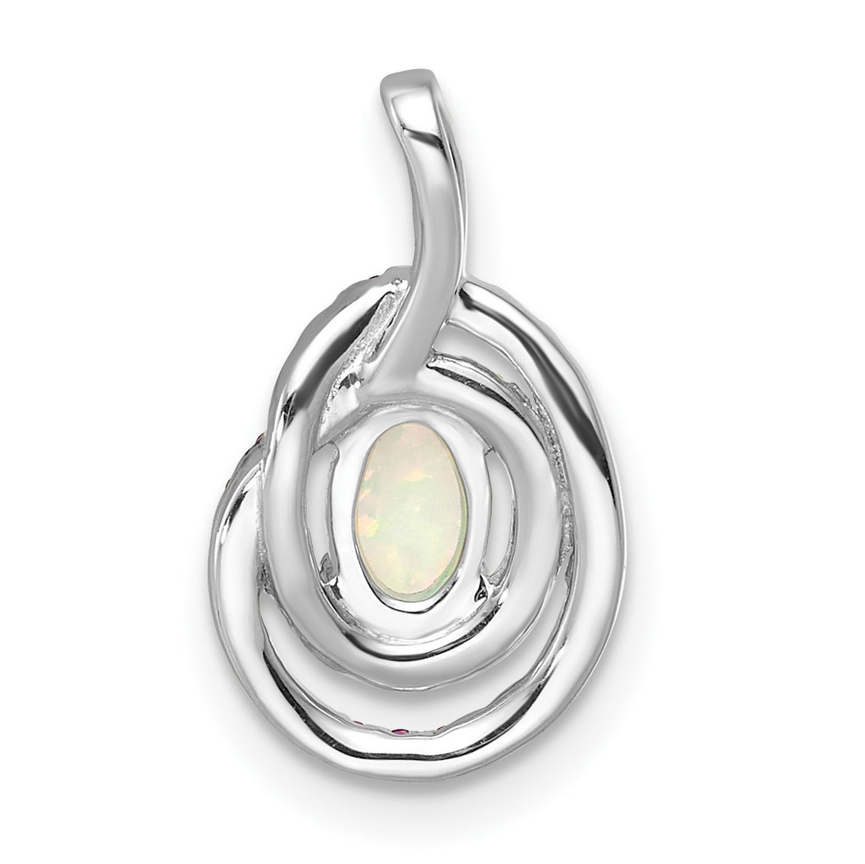 14k White Gold Pendant with Oval Opal, Pink Tourmaline, and Diamond Halo Swirl Design