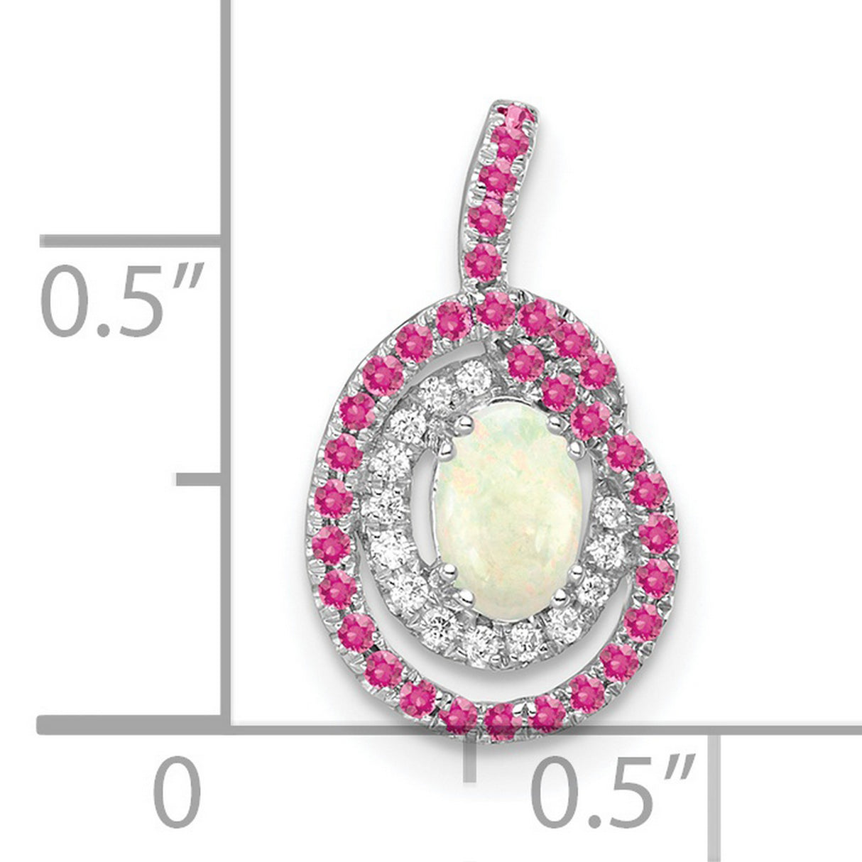 14k White Gold Pendant with Oval Opal, Pink Tourmaline, and Diamond Halo Swirl Design